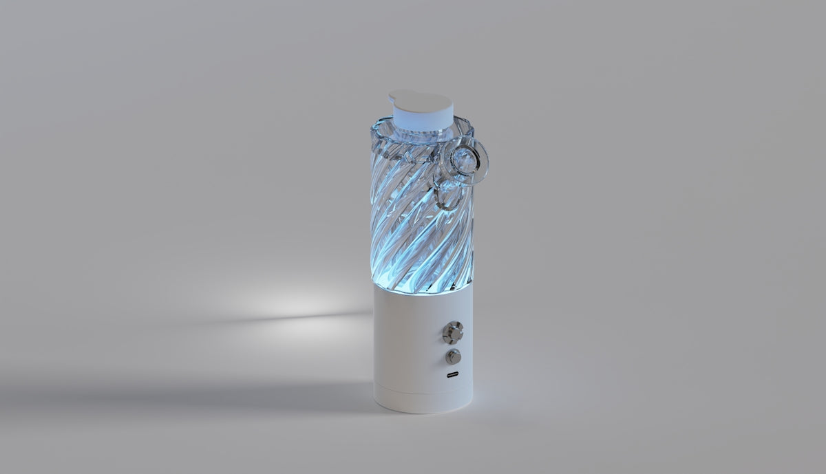 Glowing, futuristic water bottle on a white surface.